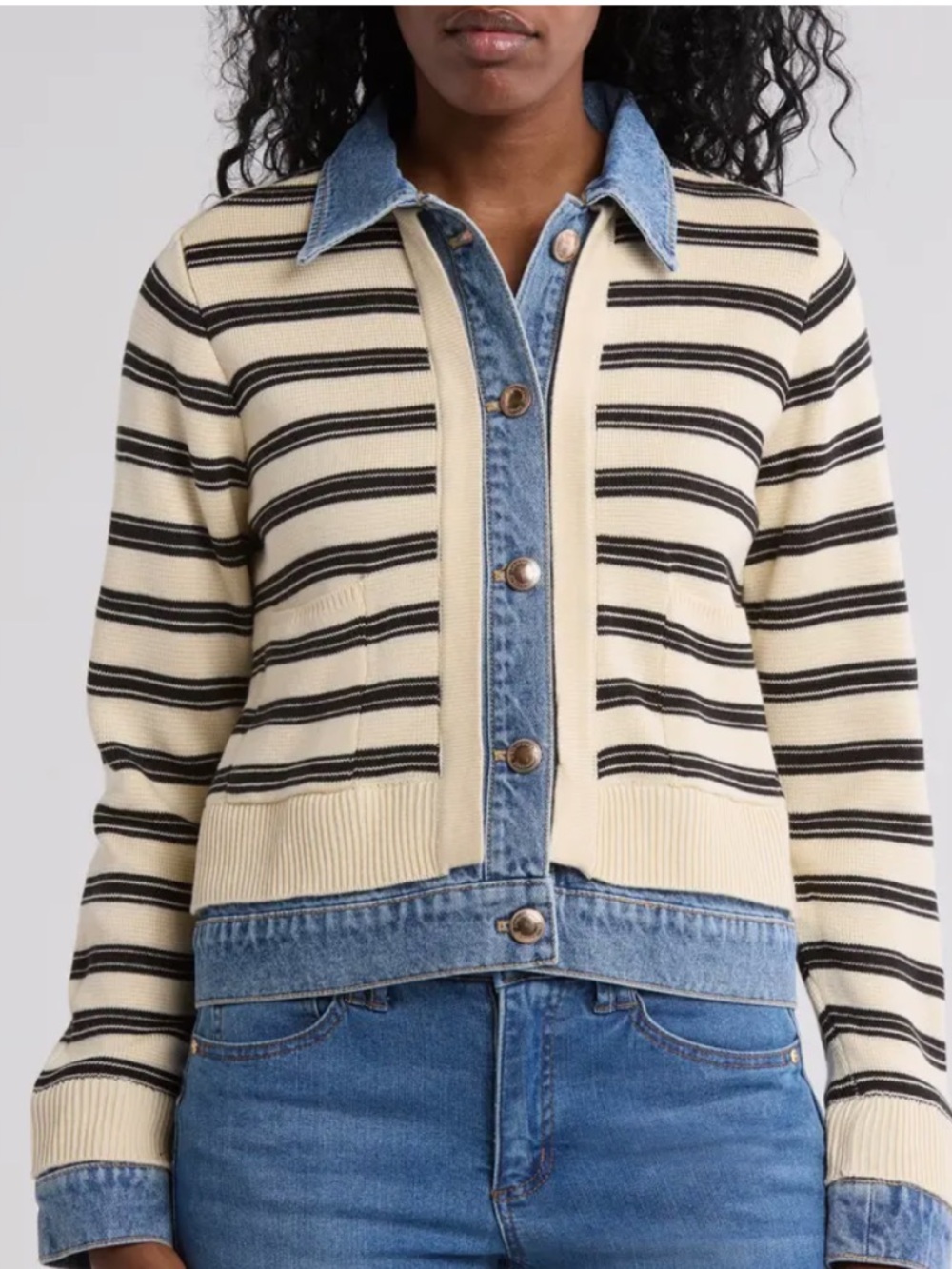 Democracy Striped Mixed Media Sweater Jacket with Denim Trim Small - Picture 2 of 6